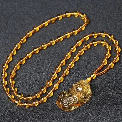 Glass Citrine Pixiu Pendant Necklace Citrine three-money brave pendant (full bead chain)