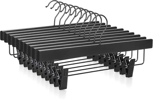 TOPIA HANGER Wooden Pants Hangers 10 Pack, Black Skirt Hangers with Clips and Rotatable Hook, Durable Natural Rubber Wood Organizer for Skirts, Pants, Jeans, Shorts - CTS02B