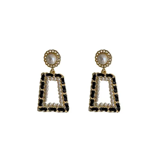 Gold Black Geometric Dangle Earrings - Pearl Heart Cubic Zirconia Statement Earring for Women Girls Pearl Earrings Fashion