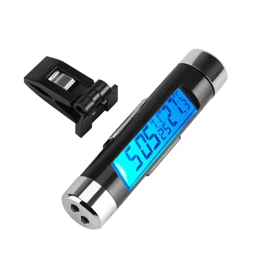 Car LCD Thermometer Digital Backlight Clock Monitor Blue Backlight 8.2cm x 2.4cm Black Silver
