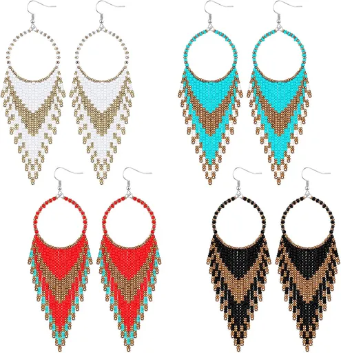 4 Pcs Long Beaded Tassel Earrings Bohemia Colorful Native Handmade Statement Fringe Drop Earrings Boho Dangle Tassel Earrings for Women(Elegant Color)