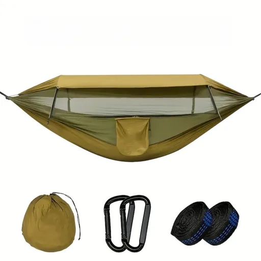 290 x 140CM Professional Nylon Hammock with Integrated Mosquito Net & Sunshade - 2-Person Anti-Rollover Camping Swing with Heavy-Duty Installation Kit (Dark Green)