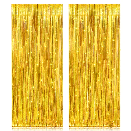 2 Pack 3.2ft x 6.5ft Gold Metallic Foil Curtains, Big Laser Glitter Fringe Rain Curtain Photo Booth Backdrop Tinsel Curtain