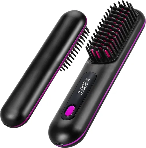 Wireless Hair Straightening Brush with Digital LCD Display – MCH Rapid Heating, 3 Temperature Settings, Dual-Layer Ceramic Bristles, Scalp-Safe Design, 3200mAh Battery, USB-C Rechargeable, Portable for Travel & Daily Use (Black)