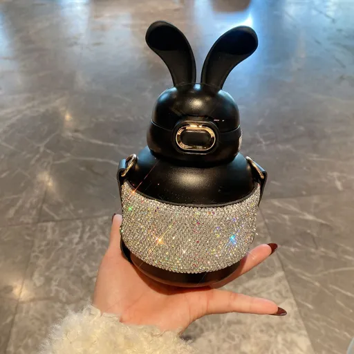 Cute Bunny Ear Diamond Studded Insulated Tumbler with Straw and Strap, Portable Large Capacity Water Bottle for Daily Commute and Outdoor Travel (Black)