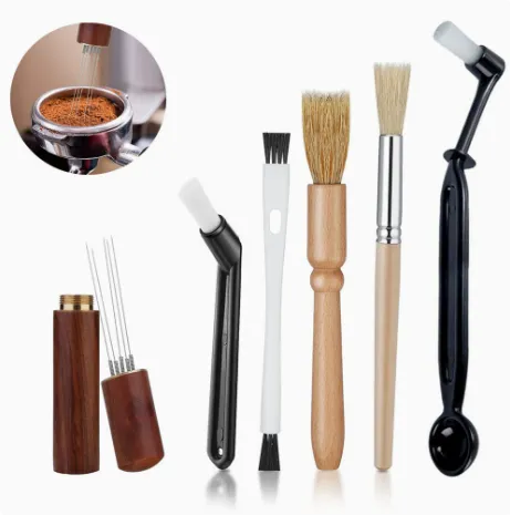 Professional Coffee Machine Cleaning Brush Set | 6-Piece Multi-functional Tool Kit | Includes Dosing Needle / Bent Cleaning Brush / Flat Cleaning Brush / Wooden Handle Cleaning Brush / Metal Handle Cleaning Brush / Bent Brush with Spoon | Suitable fo