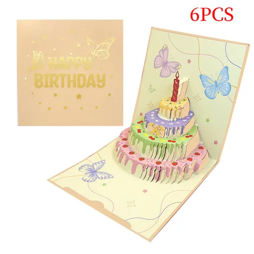 6-Pack Up Butterfly Birthday Cake Greeting Cards, Handmade Paper Gift Cards—Yellow