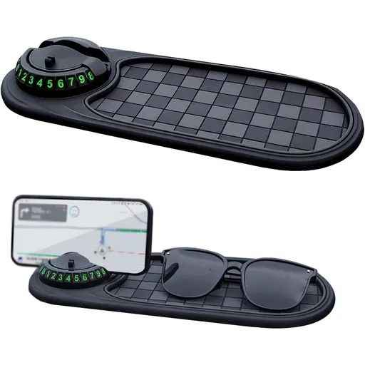 Multifunctional Car Anti Slip Mat with 360° Rotatable Phone Holder & Temporary Parking Number for Phones, Sunglasses, Keys, Daily Essentials