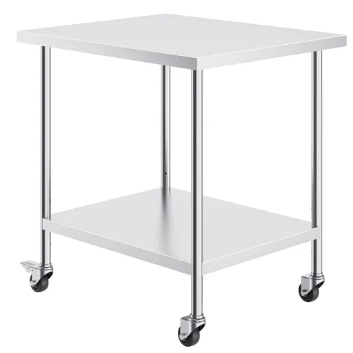 Stainless Steel Work Table 30 x 18 x 38 Inch, with 4 Wheels, 3 Adjustable Height Levels, Heavy Duty Food Prep Worktable for Commercial Kitchen Restaurant, Silver