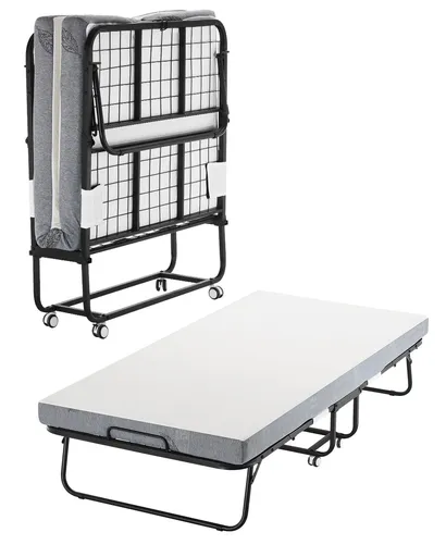 Rollaway Bed, 96.5 cm x 190 cm Folding Bed with 10 cm Mattress, Twin Size Foldable Bed with Sturdy Metal Frame & Memory Foam Mattress, Portable Roll Away Bed with Mattress, for Adults, Guest