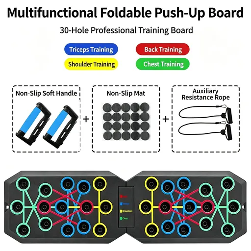 30 Holes Push‑Up Board, Portable Foldable Fitness Equipment for Home Indoor Outdoor, Body Shaping for Men Women, 30 Holes Foldable Rubber Coated Handles With Resistance Bands & Storage Bag, Halloween Home Fitness Gift