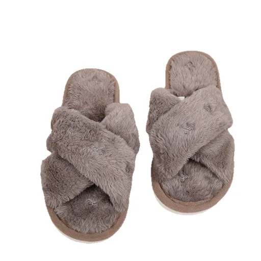 Cozy Cross-Band Plush Slippers with Embroidered Bow, Non-Slip Indoor & Outdoor Wear for Women, Soft Fleece Lining for Warmth and Comfort (XL(42-43), Brown)