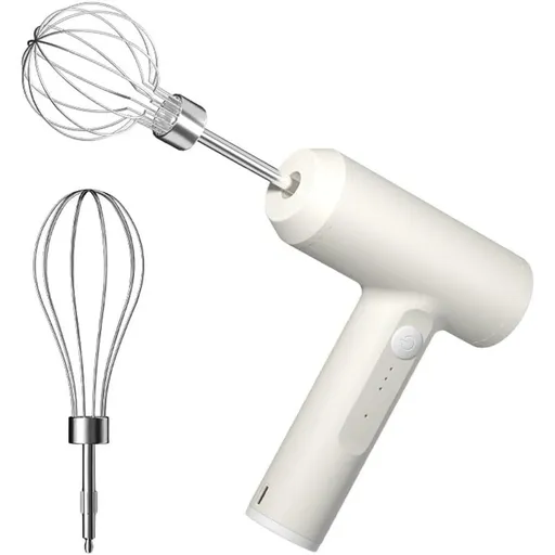 Cordless Hand Mixer, One Touch Off Handheld Electric Whisk with 3 Speed Modes, Hand Held Egg Beater with 2 Detachable Stir Whisks (White）