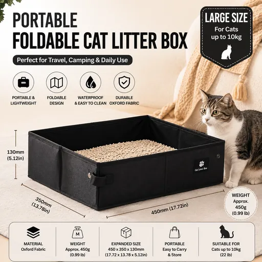 Black Large size Portable Foldable Cat Litter Box - Oxford Fabric Waterproof pet Travel Toilet with High Walls, Lightweight 350g Design for Road Trips Camping and Pet Transport