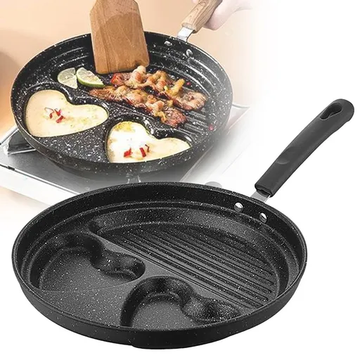 Nonstick Egg Frying Pan, 2-Egg Cavity & Griddle Design, Cup Griddle with Heat-Resistant Handle, Healthy Heart Pattern Egg Cooker for Stovetop, Oven & Camping