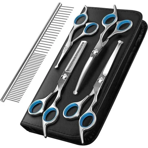 Dog Grooming Scissors Blue, 5, Coated Stainless Steel Piece Pet Grooming Tool Set in Titanium