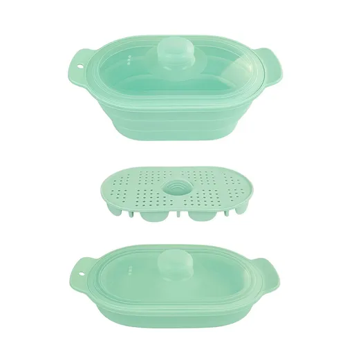 Foldable Food-Grade Silicone Steamer Pot with Lid and Steamer Rack – Space-Saving Collapsible Cookware for Microwave, Air Fryer, Camping, and Outdoor Meals, Available in Round and Rectangular Sizes (Rectangular Style, Green)