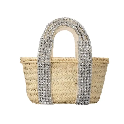 Straw Woven Handbag for Women Sparkling Rhinestone Diamond Summer Beach Purse Travel Vacation Woven Bag