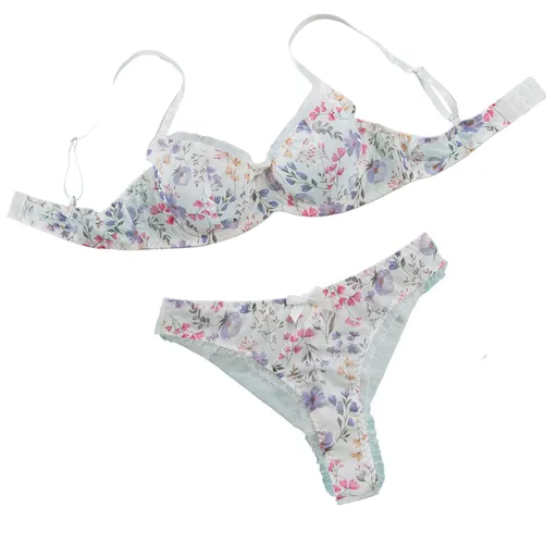 House Of Dasein Sexy Mesh Heart Print Bra Set Ultra Thin Comfortable Tempting Lingerie Two Piece - White Flower - L