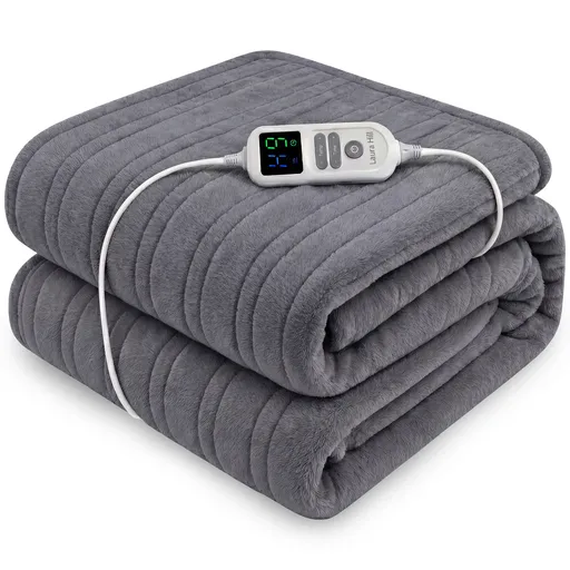 Laura Hill XL Electric Heated Blanket Throw Soft Coral Fleece with 10 Heat Settings - Grey