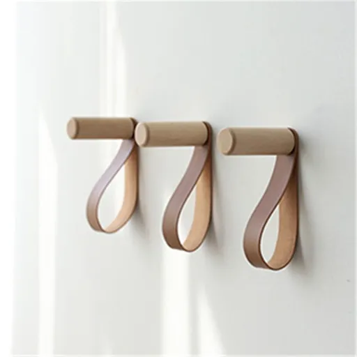 Wooden Hooks with Leather for Wall Mounted Single Hangers, Handmade Craft for Coats Hat Bags Rack 3pcs (beech)