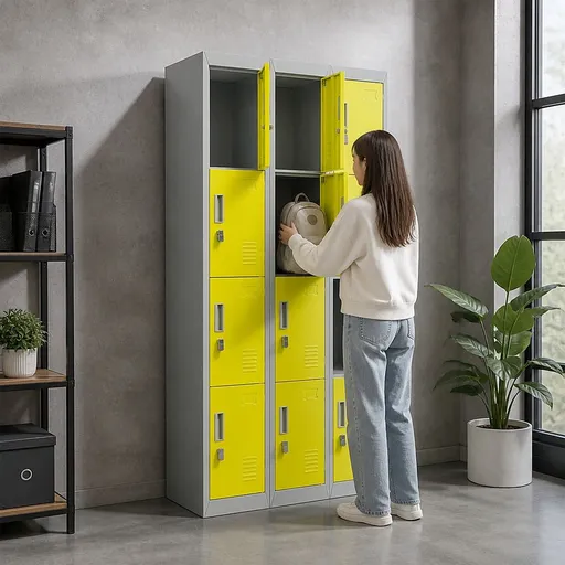 12-Door Steel Locker – Grey with Yellow Door, Padlock-operated