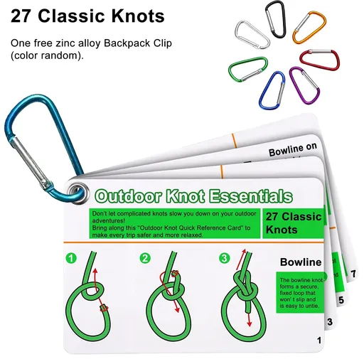 Climbing knot guide includes 27 knots for every adventure, a portable knot guide with a mini carabiner that clips into a backpack pocket