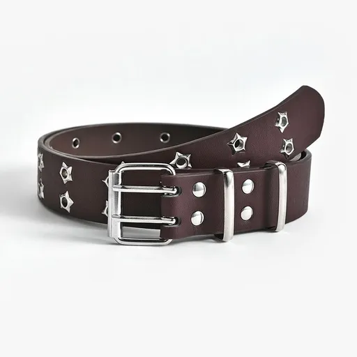 Punk Star Studded Waist Belt, Double Prong Eyelet Leather Belt for Jeans Goth Streetwear Outfit-coffee