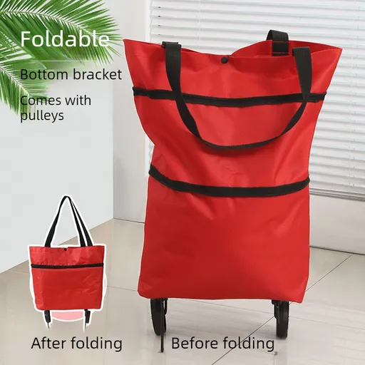 Foldable Shopping Trolley with Wheels, Portable Large-Capacity Oxford Cloth Shopping Cart, Home Delivery Cart - Red