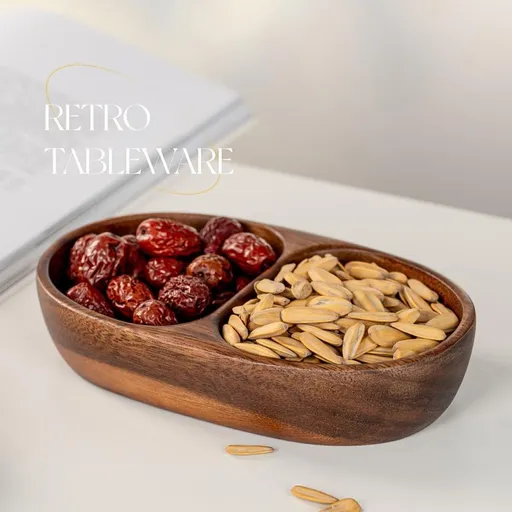 Walnut Wood Bowl, Wooden Salad Bowl for Fruit, Snacks and Appetizers, Serving Dish for Home Decor, Solid Wood Bowl, Centerpiece - Walnut - Size Double compartment