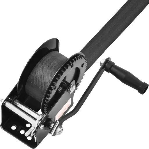 Hand Winch, 725.7 kg Pulling Capacity, Boat Trailer Winch Heavy Duty Rope Crank with 10 m Polyester Strap and Two-Way Ratchet, Manual Operated Hand Crank Winch for Trailer, Boat or ATV Towing