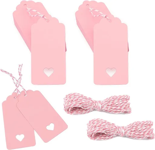 100Pcs Gift Tags with String, Pink Paper Tag with Hollow Heart, 3.7 x 1.7Inch Mother Day Tags, Blank Gift Wrapping Hangtag, Party Favors Tag for Wedding, Birthday, Baby Shower