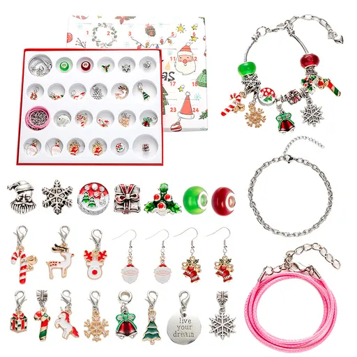 DIY Christmas Advent Calendar Jewelry Kit 24-Day Silver-Tone Charm Bracelet Set with Holiday-Themed Charms for Kids and Families