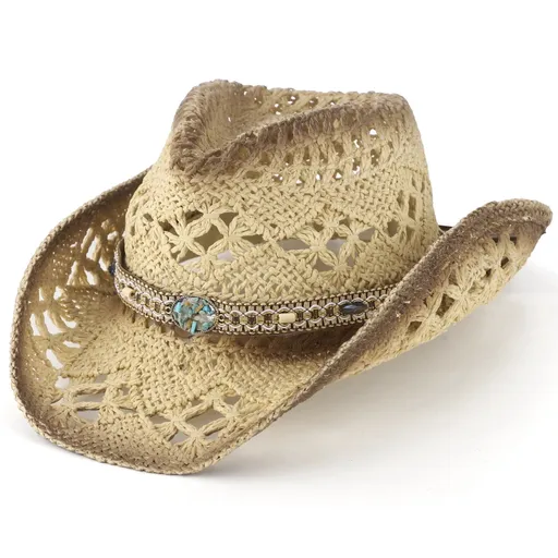 Straw Cowboy Hat, Western Style Hollow Out Straw Jazz Hat with Wide Brim, Brown Gradient Design, Beaded Hatband & Shapeable Brim for Sun Protection, Outdoor Music Festivals
