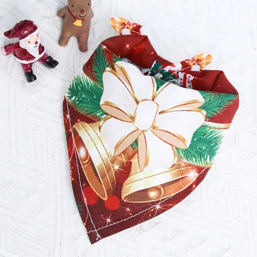 Dog Christmas Triangle Scarf Cotton Cartoon (Anhui hair) triangle towel wine red background double bell Small size (suitable for pets within 10 Jin)