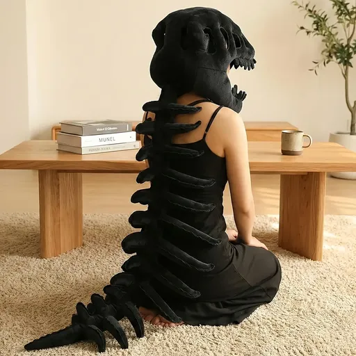 Dinosaur Spine Skeleton Plush Hat – 1-Meter 3D Design, Soft & Comfortable, Party Fun Photo-Ready Prop. (BLACK)