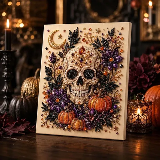 Halloween Pearl Diamond Painting Art Kit with Frame, Spooky Cute 3D DIY Pearl Beads Art Craft for Adults, DIY Fall Home Decor Wall Art, Beginner DIY Seasonal Party Gift - Multi-color - B