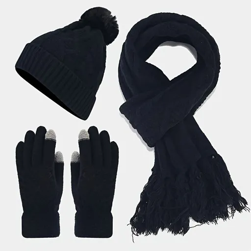 Women'S Winter Accessories Woolen 3 Piece Set Knitted Hat Scarf Touch Screen - Burgundy - Size L