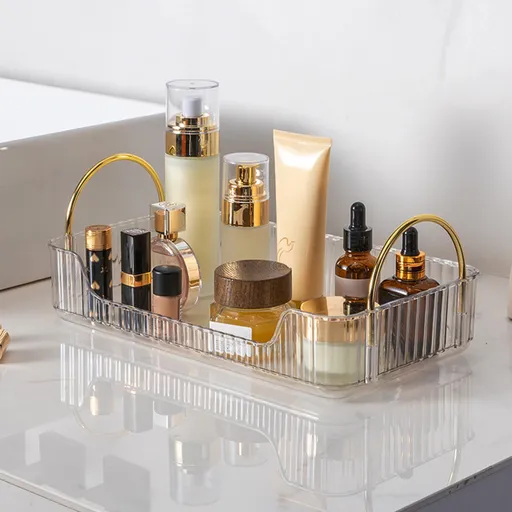 Bathroom Organizer Countertop, Vanity Tray for Skincare Makeup, Counter Organizer, Transparent Ribbon Handle Storage Rack, for Cosmetics, Toiletries, Lotions, Perfumes Clear
