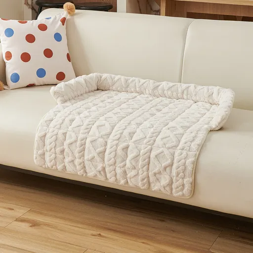 Beige Pet Sofa Protector & Calming Bolster Bed with Cable Knit - 75x75CM Thickened Non Slip Furniture Cover for Cats & Dogs