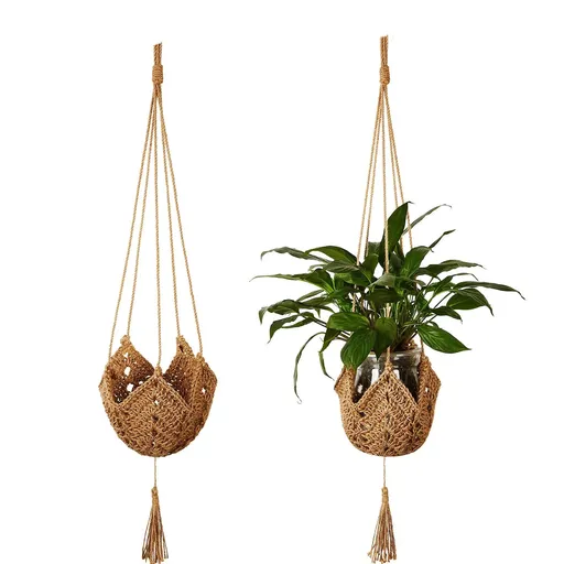 2pcs Handmade woven hemp rope flowerpot net bag Creative woven flowerpot hanging basket Indoor and outdoor hanging decorative flowerpot bag（Original color 100 * 22cm）