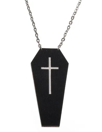 Black Leather Coffin with White Cross Halloween Necklace