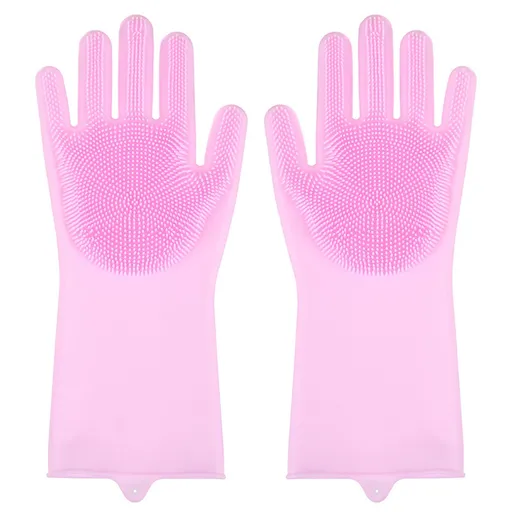 Silicone Gloves with bristles Waterproof Splashproof Oil Proof Soft Elastic Kitchen Dishwashing Silicone Cleaning GlovesPink