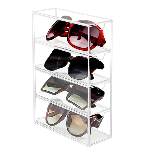 Sunglasses Organizer, Acrylic Eyeglass Case Clear Eyeglass Holder Eyewear Display Case with 4 Drawers for Women and Men