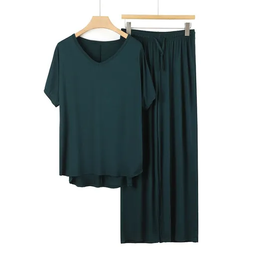 Dark Green Women's Modal Lounge Set Pink V Neck Short Sleeve Top and Wide Leg Pants, Lightweight Breathable Summer Sleepwear, Relaxed Homewear for 45-72.5 kg