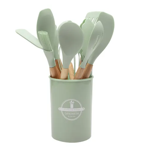 12-Piece Green Heat-Resistant Silicone Cooking Utensils with Wooden Handles and Box - Non-Stick Scratch-Free Kitchen Tool Kit