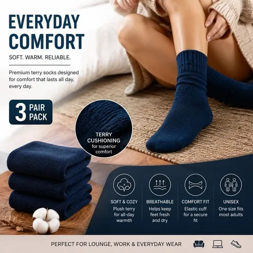 Navy Wool Lined Thermal Socks Unisex Thick Terry Winter Socks 3 Pairs