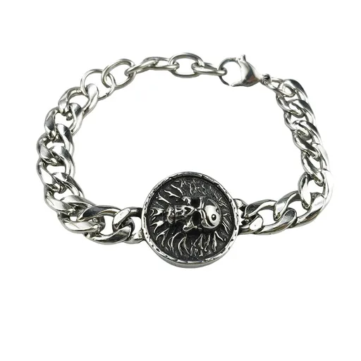 Silver Style 9 Men's Stainless Steel Curb Chain Bracelet - Retro Punk Hip Hop Style with Round Medallion Charm - Durable 26cm Streetwear Jewellery