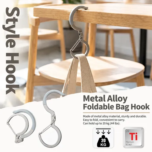 Foldable Titanium Alloy Bag Hook Dual Hook Portable Hanger for Desk Chair Travel Outdoor Camping Holds Bags Lights Bottles Two Pack (Silver, 2PCS)