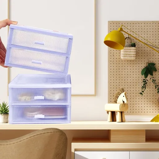 Desktop Organizer Storage, Stackable Storage Boxes With 2 Plastic Drawers, Desk Organizer Drawers, Small Office Storage For Stationery Supplies Makeup Dorm Bathroom
